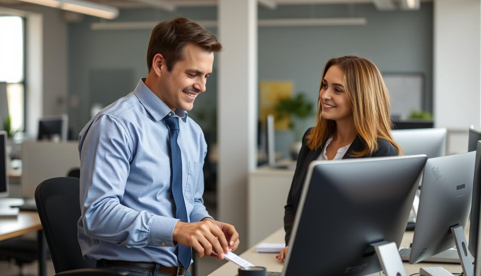 a man and a woman looking at a laptop
