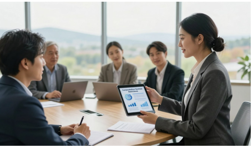 a group of people sitting at a table with a laptop